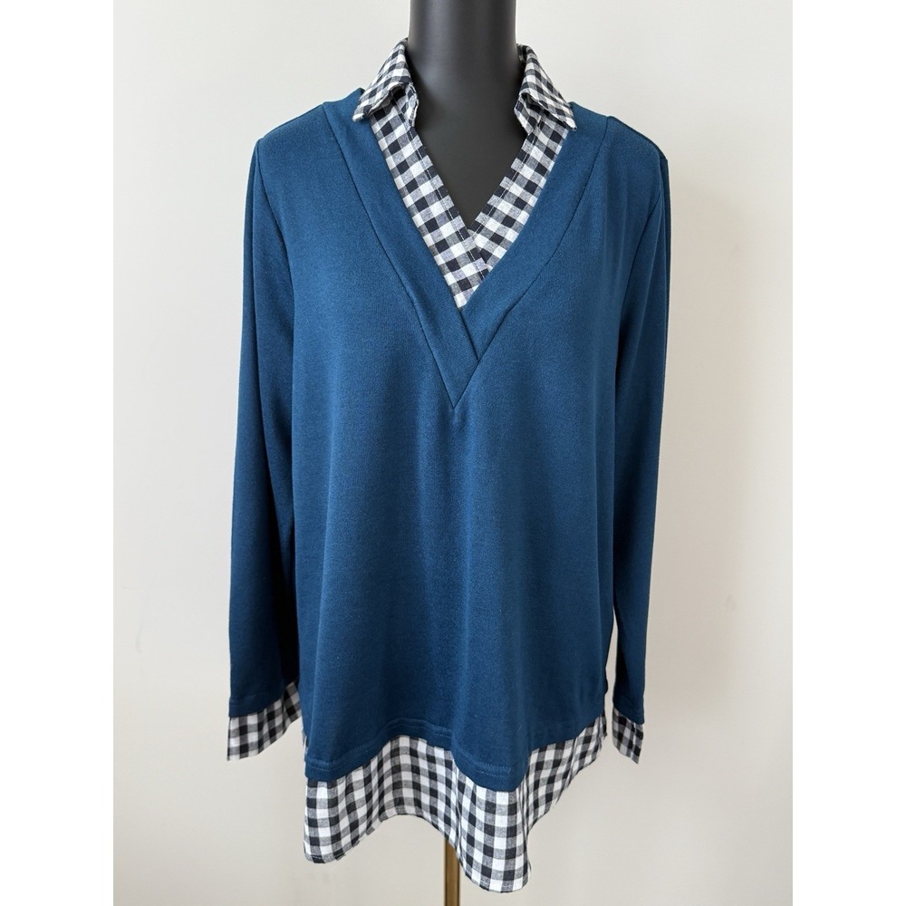 BloomChic 14/16 Gingham Patchwork Shirt Collar Arc Hem Sweater NWOT